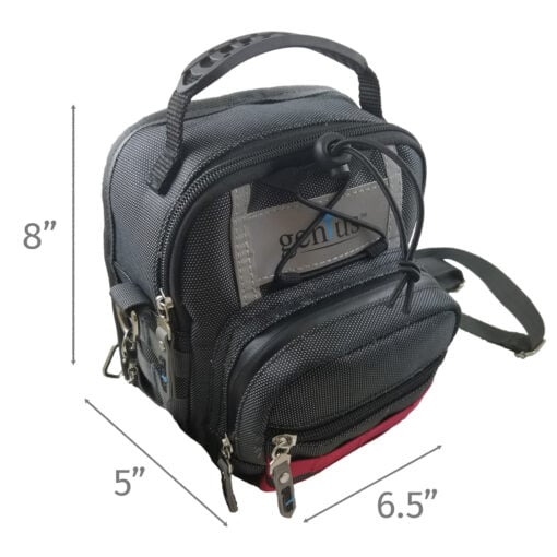 A black and gray insulated Backpack with a handle and shoulder strap, measuring 8" tall, 5" deep, and 6.5" wide. Features multiple zippered compartments.