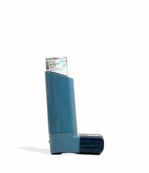 The Smyle Inhaler 510 Battery with Cloud Filters stands upright against a plain white background, resembling a blue asthma inhaler with a white label canister.