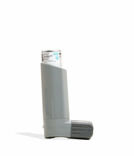 A gray Smyle Inhaler 510 Battery with Cloud Filters stands upright on a white background, showing its labeled canister and casting a faint shadow to the left.