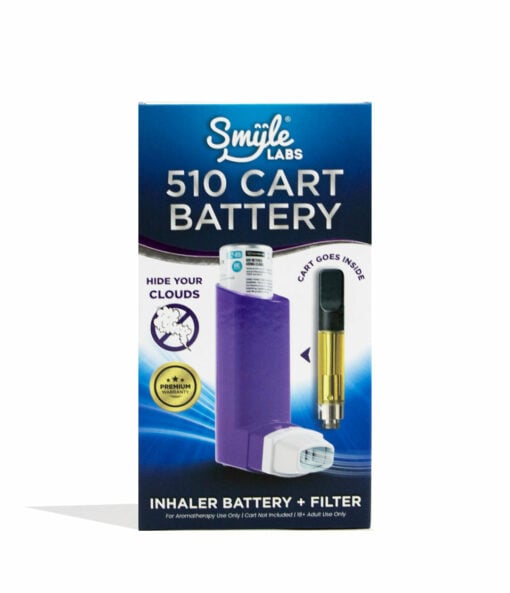 A box labeled “Smyle Inhaler 510 Battery and Cloud Filters” shows a purple inhaler device with a gold cartridge. Highlighted features include Hide Your Clouds, 510 Battery + Filter, and advanced Cloud Filters.