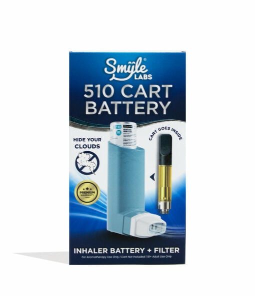 A blue and white box for the Smyle Inhaler 510 Battery and Cloud Filters shows a cartridge inhaler, with text: 510 Cart Battery, Hide Your Clouds, and Inhaler Battery + Cloud Filters on a white background.
