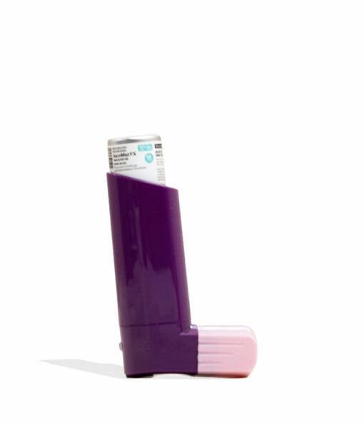The Smyle Inhaler 510 Battery and Cloud Filters, in purple and pink with a white medication canister, stands upright on a white background and offers a smoother breathing experience.