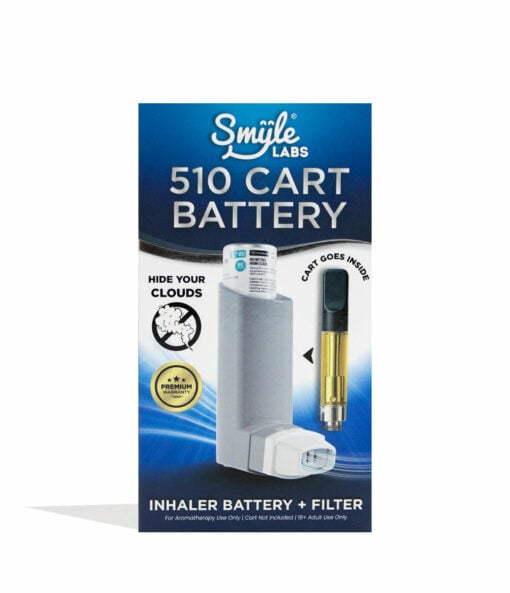 Box labeled “Smyle Inhaler 510 Battery and Cloud Filters” shows an inhaler-shaped battery, vape cartridge, and highlights “Hide Your Clouds,” “Inhaler Battery + Cloud Filters” on a blue and white background.
