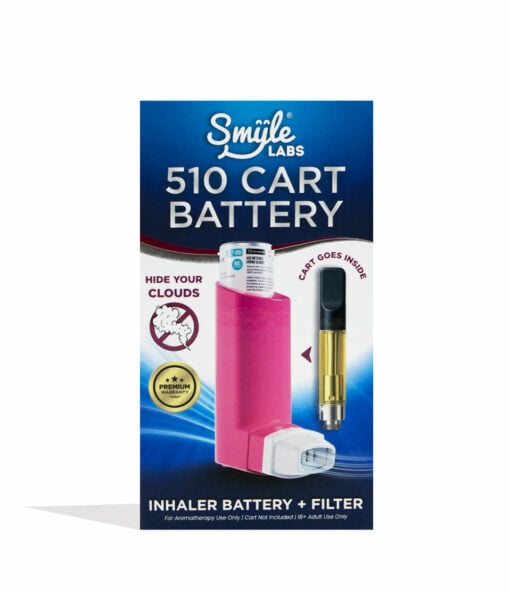 A box labeled "Smyle Inhaler 510 Battery and Cloud Filters" shows a pink inhaler with a vape cartridge. Text highlights “Cloud Filters,” “Inhaler Battery + Filter,” and a gold “Premium” badge from Smyle.