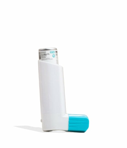 A white asthma inhaler with a blue cap stands upright on a white background, casting a light shadow—an ideal match for the Smyle Inhaler 510 Battery and Cloud Filters for cleaner, smoother breaths.