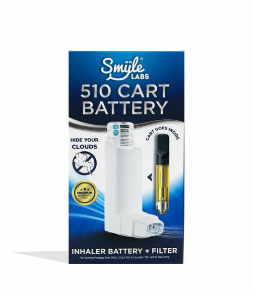 A box labeled Smyle Inhaler 510 Battery and Cloud Filters, showing a white inhaler-style device and vape cartridge, with text highlighting Hide Your Clouds, Premium Ceramic, and integrated cloud filters for discreet vaping.