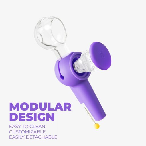 The Pipe - Grape is a modular pipe with transparent and purple detachable parts, displayed on a white background. Text reads: Modular Design. Easy to clean, customizable, easily detachable.