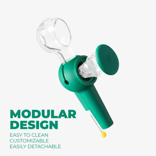 The Pipe - Forest: A forest-green and transparent modular pipe with detachable parts, featuring a round glass chamber and green cap. MODULAR DESIGN—easy to clean, customizable, and easily detachable.