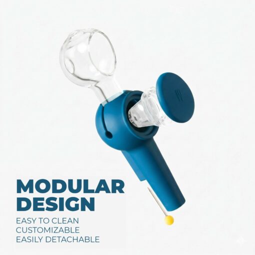 The Pipe - Midnight is a blue and transparent modular pipe with detachable parts, displayed against a white background. Bold text says "MIDNIGHT MODULAR DESIGN," while smaller text highlights: easy to clean, customizable, detachable.