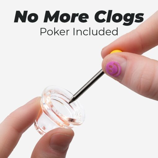 A hand holds The Pipe - Grape as another uses a metal poker tool; bold text above reads No More Clogs – Poker Included.