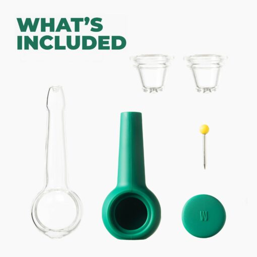 The Pipe - Forest, featuring glass and silicone parts, two glass bowls, a metal tool with a yellow tip, and a green silicone cap, is arranged on a white background with the text "WHAT’S INCLUDED" above.