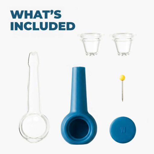 Arranged on a white background under the text "WHAT'S INCLUDED" are The Pipe - Midnight with a yellow-topped metal pin, a glass straw, blue silicone mouthpiece, two glass cups, and a blue Midnight silicone cap.
