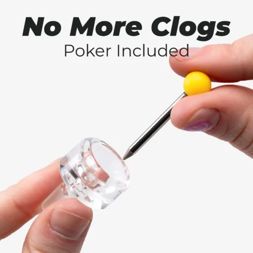 A hand uses a small metal poker with a yellow handle to clear The Bubbler - Grape, a transparent cylindrical bubbler. The text above reads, No More Clogs – Poker Included.