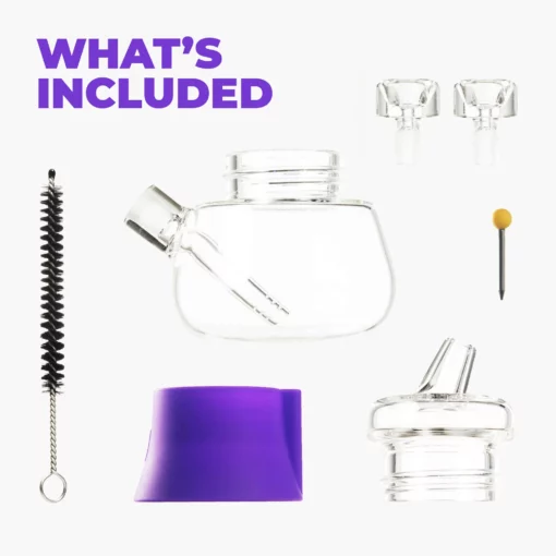 The Bubbler – Grape, featuring glass and silicone parts, a cleaning brush, a metal tool with a yellow tip, and accessories are arranged on a white background with “WHATS INCLUDED” in bold purple at the top left.