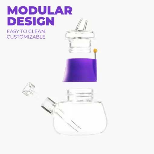 The Bubbler - Grape is shown disassembled into three parts, featuring a purple silicone piece. Text on a white background reads: MODULAR DESIGN, Easy to Clean, Customizable.