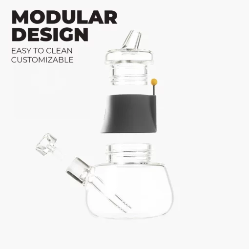 The Bubbler - Smoke, a modular glass bubbler with detachable parts, is shown on a white background. Text reads: MODULAR DESIGN, EASY TO CLEAN, CUSTOMIZABLE—perfect for your personalized smoke experience.