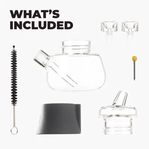 The Bubbler - Smoke kit includes a glass bubbler pipe with spout, two glass stoppers, cleaning brush, black silicone base, clear cap with spout, and yellow-headed metal tool. Text: WHATS INCLUDED—your complete Bubbler smoke kit.