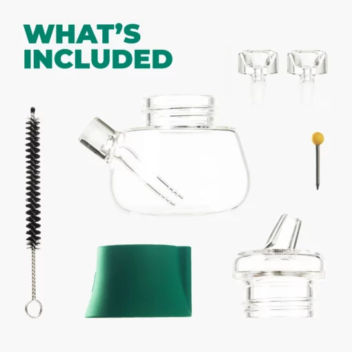 The Bubbler - Forest includes a glass bubbler bottle with side spout, two glass adapters, a green Forest silicone base, black cleaning brush, metal tool with yellow tip, and a glass lid shown on a white background with "WHATS INCLUDED" in green.