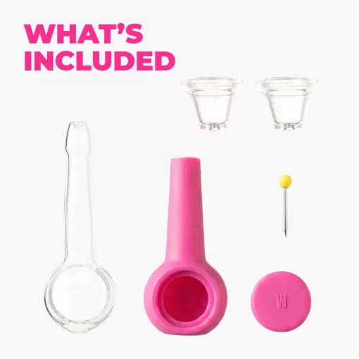 A display of The Pipe - Hot Pink on a white background shows what's included: two glass pieces, one hot pink silicone pipe, a pink round cap, a metal pin with yellow head, and a small glass cup.