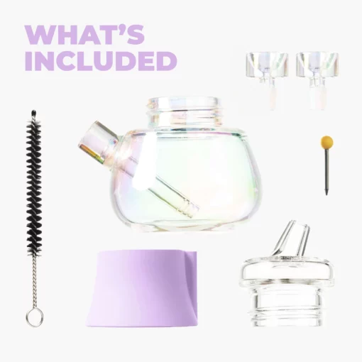 The Iridescent Bubbler - Lavender includes a small iridescent glass container, 2 clear dropper tops, a black-bristled brush, lavender silicone base, clear lid with spouts, and a tool with a yellow ball tip. Text: "WHAT’S INCLUDED.
