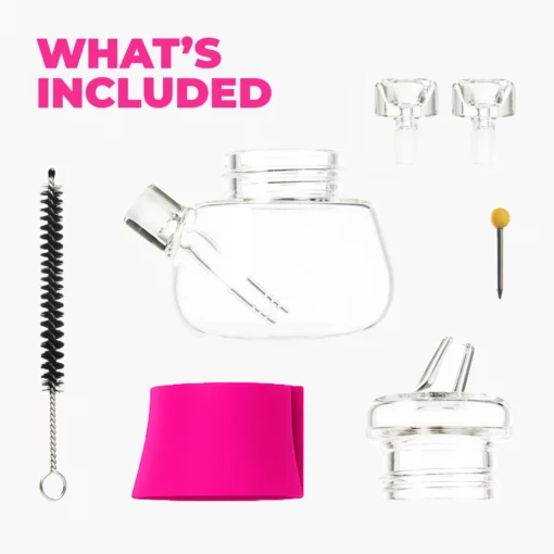 The Bubbler - Hot Pink: This glass smoking accessory set includes a hot pink bubbler with spout, two glass stoppers, a cleaning brush, a pink silicone sleeve, a clear lid with spout, and a metal tool with yellow tip. "WHATS INCLUDED" in pink text.