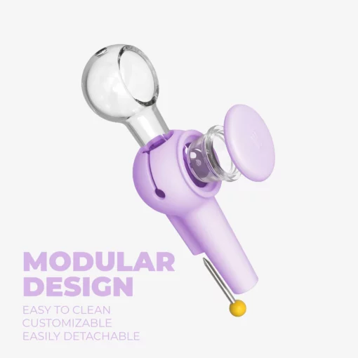 The Pipe - Lavender features a translucent modular design with lavender and clear components, shown partially detached. Text reads: MODULAR DESIGN. Easy to clean. Customizable. Easily detachable, on a white background.