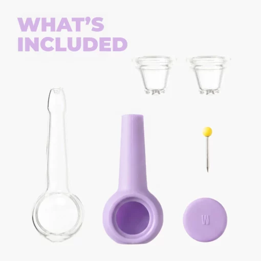 The Pipe - Lavender, featuring a glass bubble pipe, silicone holder, matching cap, two glass cups, and a yellow-tipped metal pin, is displayed on a white background with 'WHATS INCLUDED' at the top left.