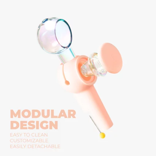 The Pipe Iridescent - Bubblegum is shown on a light background. Its pastel, bubblegum colors and iridescent finish highlight a modular design that’s easy to clean, customizable, and features detachable parts.