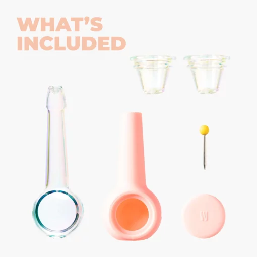A display of glass and silicone accessories, including two glass cups, The Pipe Iridescent - Bubblegum, a yellow-tipped metal tool, and a pink silicone cap, with "WHAT'S INCLUDED" written above.