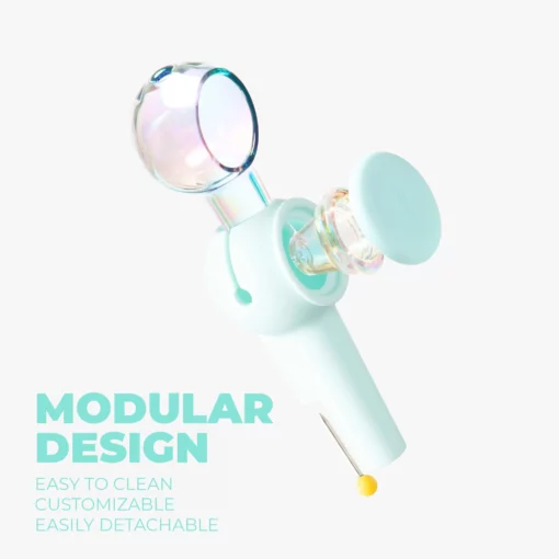 A pastel blue “The Pipe Iridescent - Sky” with a round, transparent detachable part and text reading MODULAR DESIGN: easy to clean, customizable, easily detachable on a white background.