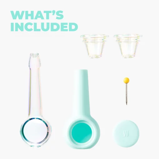 A photo shows The Pipe Iridescent - Sky kit: two small glass cups, an iridescent pipe with a circular base, light blue silicone cover, matching round cap, and a metal pin with yellow end. Text: WHAT'S INCLUDED.