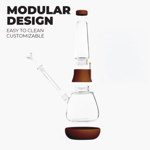 Exploded view of The Bong - Leather, a modular glass bong with brown accents. Text reads: Modular Design: Easy to Clean, Customizable. Set on a white background—ideal for pairing with leather smoking accessories.