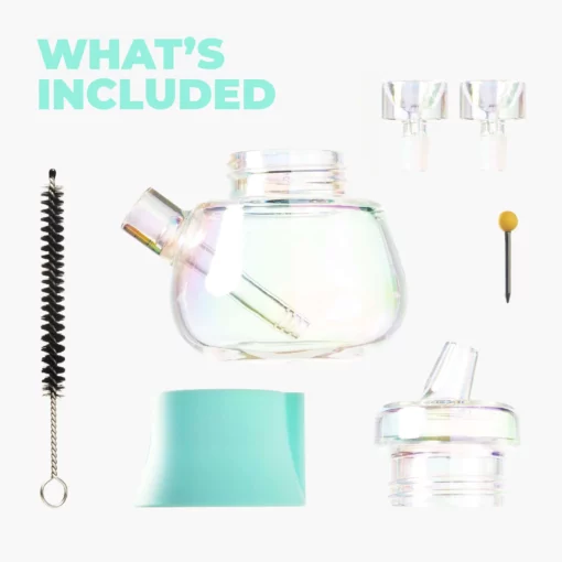 The Bubbler Iridescent - Sky includes an iridescent glass jar with angled spout, two clear stoppers, cleaning brush, turquoise silicone base, lid with spout, and yellow-tipped metal tool. Perfect for any sky-inspired bubbler setup.