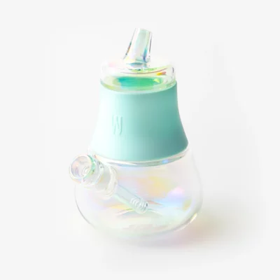 The Bubbler Iridescent - Sky is a transparent, iridescent glass bong featuring a bulbous base, sky-blue silicone neck grip, angled mouthpiece, and removable downstem, displayed against a plain white background.