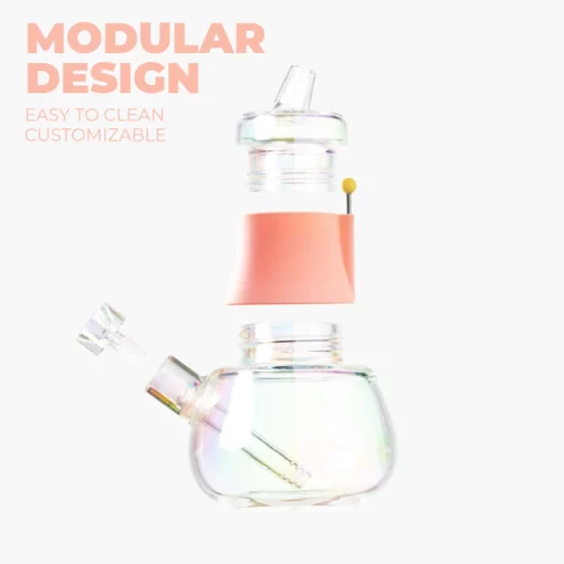 The Bubbler Iridescent - Bubblegum: A clear, iridescent modular bubbler with a bubblegum pink silicone band, shown disassembled. Text reads: “MODULAR DESIGN. Easy to clean. Customizable.” on a white background.