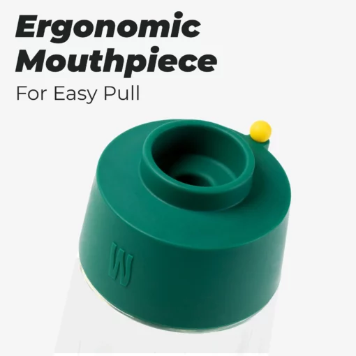 The Gravity Bong - Forest features a green ergonomic mouthpiece with a yellow tab on top for easy pull, shown above the text "Ergonomic Mouthpiece For Easy Pull" on a white background.