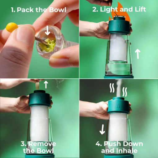Four easy steps for using The Gravity Bong - Forest: 1. Pack the bowl. 2. Light and lift in a peaceful forest vibe. 3. Remove bowl as smoke fills chamber. 4. Push down, then inhale the smoke for a smooth experience.
