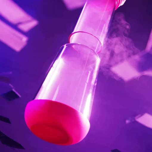A close-up of The Gravity Bong - Hot Pink, a transparent glass bong with a vivid pink base emitting vapor, set against a purple background with floating papers and dramatic lighting.