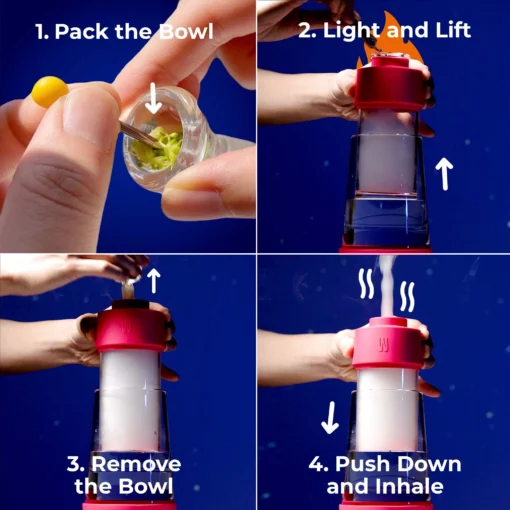Follow these four steps to use The Gravity Bong - Hot Pink: 1. Pack the bowl. 2. Light it as you lift the top. 3. Remove the bowl. 4. Push down the top and inhale for a powerful hit every time.