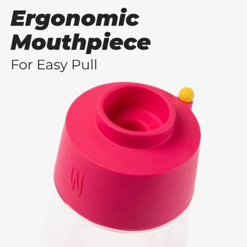 A close-up of The Gravity Bong - Hot Pink, featuring an ergonomic mouthpiece and a small yellow dot on the cap. Text above reads: Ergonomic Mouthpiece For Easy Pull—perfect for gravity bong enthusiasts seeking comfort and style.