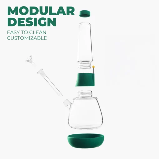 Exploded view of The Bong - Forest, a modular glass bong with green Forest accents, separated into sections. Text reads: “MODULAR DESIGN, easy to clean, customizable.” White background.