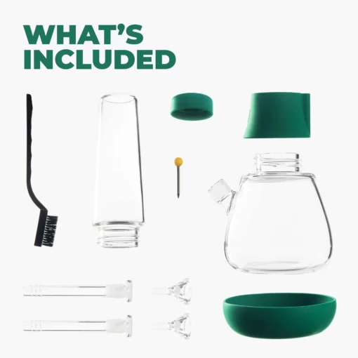 A display of The Bong - Forest shows a glass teapot, bong straw, two small glass pieces, a cleaning brush, pin tool, and teal silicone parts. “WHATS INCLUDED” appears above in bold green letters for a forest-inspired look.