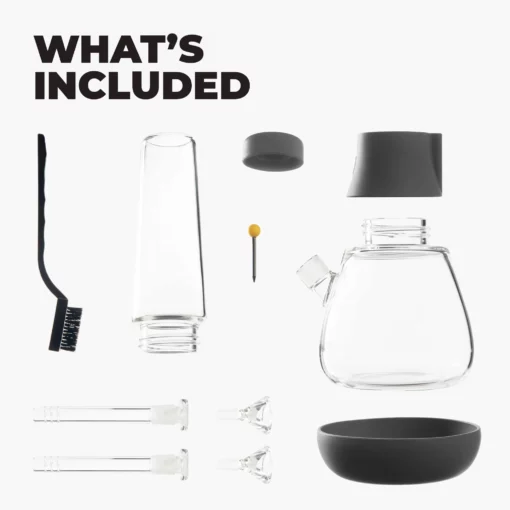 A neatly arranged set on a white background featuring The Bong - Smoke, two glass tubes, bong accessories, silicone caps, a black smoke bowl, a pin, and a clear cylinder. Text reads "WHATS INCLUDED".