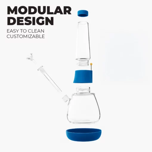 Exploded view of The Bong - Midnight in clear glass with blue silicone modular parts, showing its customizable and easy-to-clean design. Black text reads MODULAR DESIGN. EASY TO CLEAN. CUSTOMIZABLE on a white background.