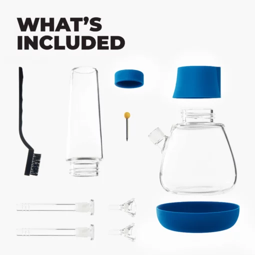 Midnight blue accessories for The Bong - Midnight are displayed, featuring a glass base, mouthpiece, bowls, silicone caps, cleaning brush, and metal tool under “What’s Included.”.