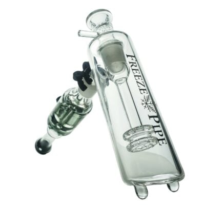 The Freeze Pipe Bubbler Pro, a clear glass bubbler with a labeled chamber for liquid and built-in percolators for smooth filtration, is shown angled on a white background.