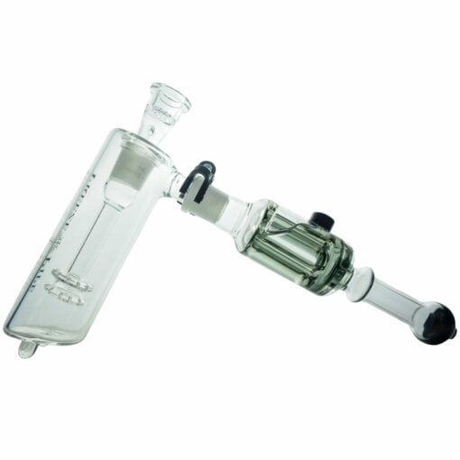 A multi-chamber, multi-perc clear glass ash catcher for the Freeze Pipe Bubbler Pro water pipe, pictured on a white background.