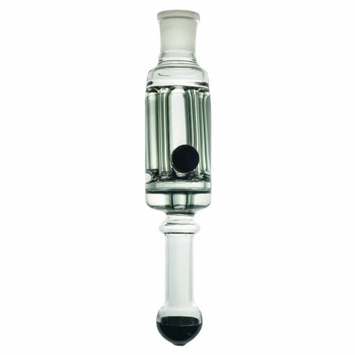 Photographed on a white background, the Freeze Pipe Bubbler Pro is a clear glass smoking accessory featuring a cylindrical body, vertical ridges, black circular accent, and wider sections at both ends.