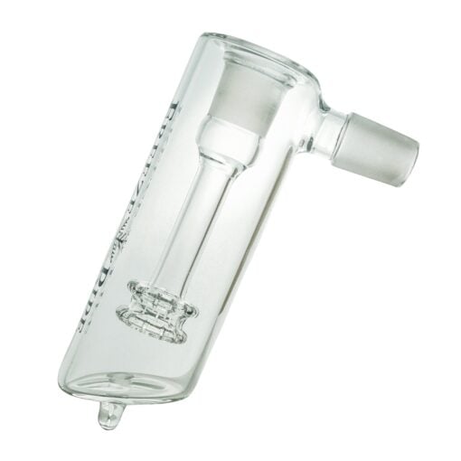 A clear glass ash catcher with a joint connector and built-in percolator, designed for the Freeze Pipe Bubbler Pro, shown on a white background.