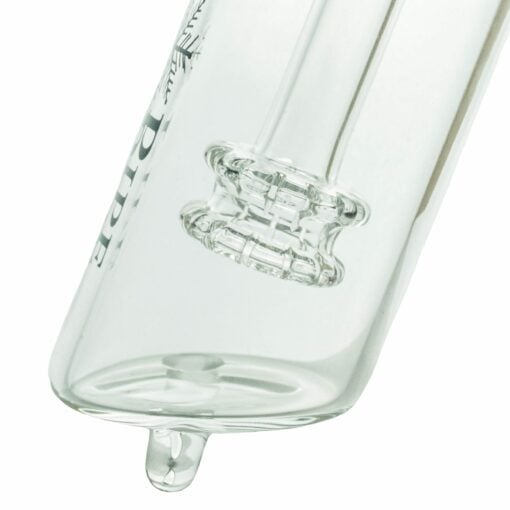Close-up of the bottom section of a clear Freeze Pipe Bubbler Pro with a rounded end and drip-like tip. An intricately detailed glass percolator is visible inside, and part of the word "PIPE" appears on the side.
